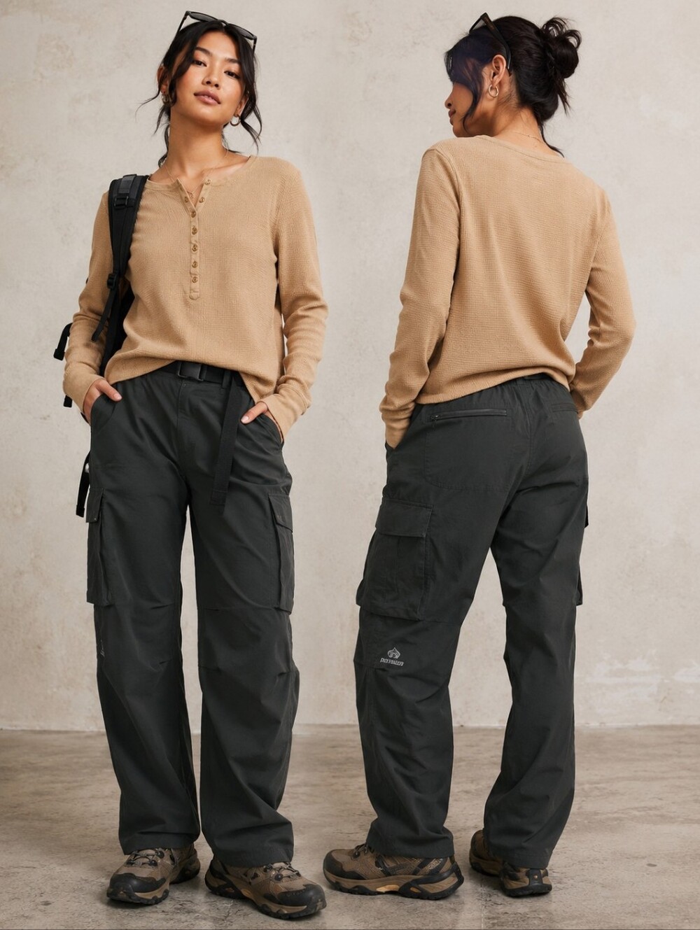 L.L.Bean Petite Large Waffle Knit Henley Top | Tan Neutral Long Sleeve Outdoor C